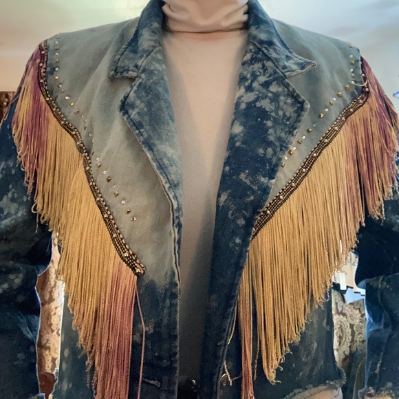 Upcycled Cropped Fringed Jean jacket ~stunner!! - Picture 6 of 6